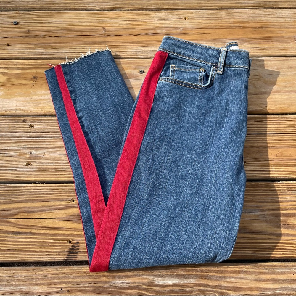 Forever 21 High Rise Skinny Fit Medium Wash Raw Hem Red Striped Jeans